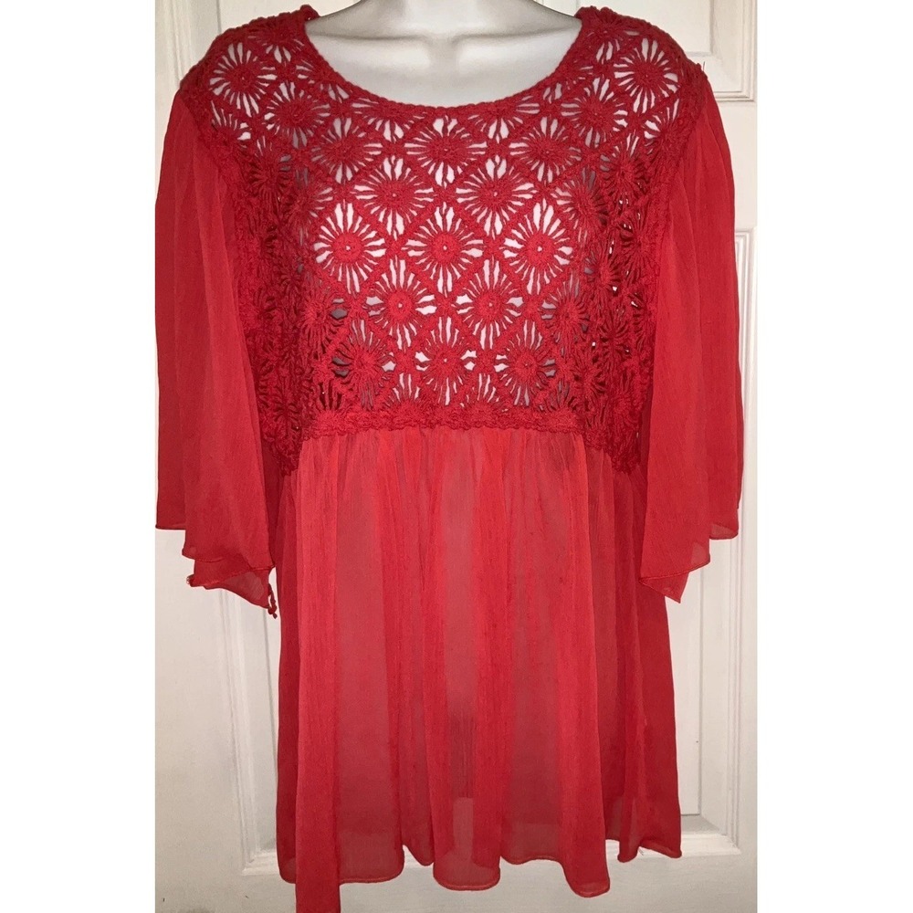 Bedford Fair Womens Coral Crochet Sheer Blouse Boho Flowy Top XL Casual